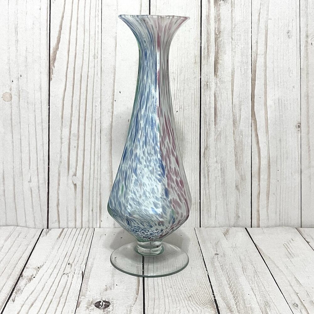 Lavorazione Murano Glass Bud Vase Fluted Twisted-Stem Blue Green Pink Speckled